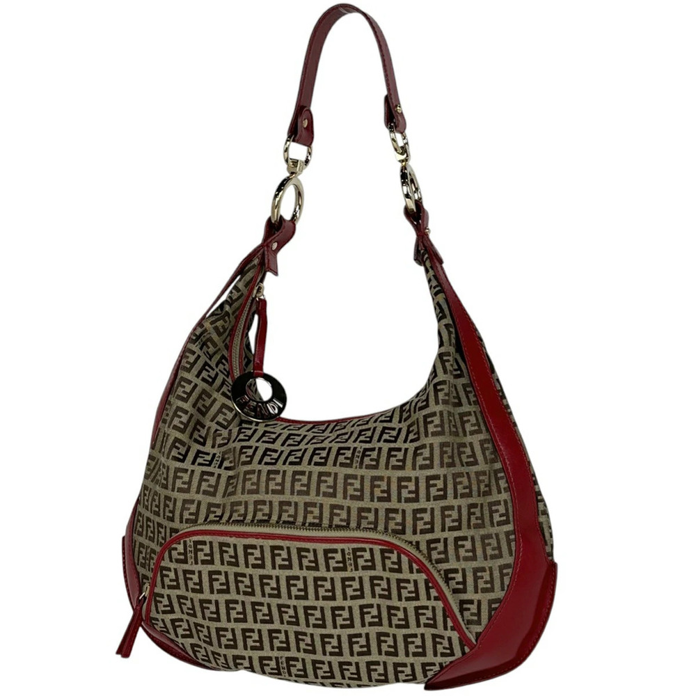 Fendi Zucchino Shoulder Bag Hobo Canvas Beige Red
